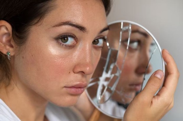 Perempuan menengok kebelakang sambil memperlihatkan kaca pecah