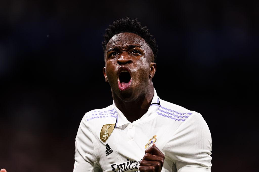 MADRID, SPAIN - MAY 9: Vinicius Junior of Real Madrid celebrates his goal during the UEFA Champions League semi-final first leg match between Real Madrid and Manchester City FC at Estadio Santiago Bernabeu on May 9, 2023 in Madrid, Spain. (Photo by Eurasia Sport Images/Getty Images)