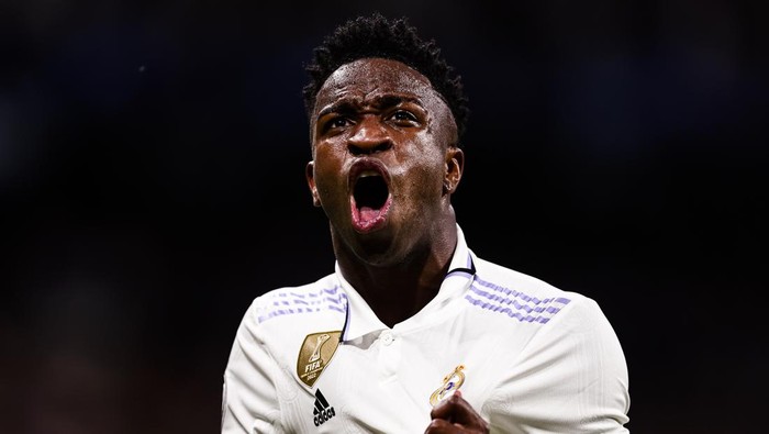 MADRID, SPAIN - MAY 9: Vinicius Junior of Real Madrid celebrates his goal during the UEFA Champions League semi-final first leg match between Real Madrid and Manchester City FC at Estadio Santiago Bernabeu on May 9, 2023 in Madrid, Spain. (Photo by Eurasia Sport Images/Getty Images)