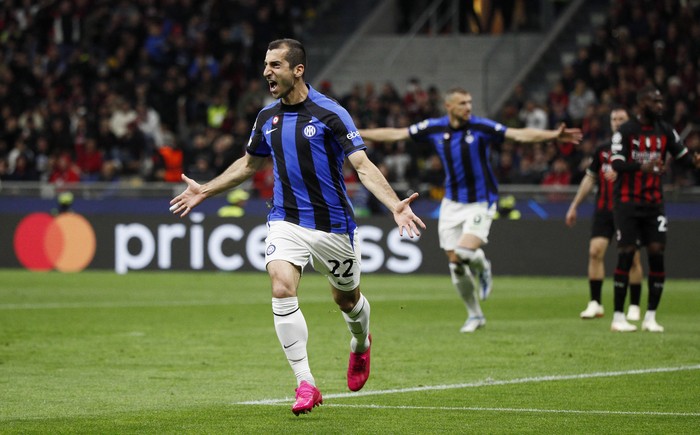 Soccer Football - Champions League - Semi Final - First Leg - AC Milan v Inter Milan - San Siro, Milan, Italy - May 10, 2023 Inter Milans Henrikh Mkhitaryan celebrates scoring their second goal REUTERS/Alessandro Garofalo