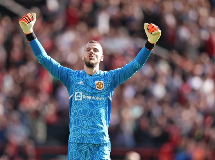 MANCHESTER, ENGLAND - MAY 13: David de Gea of Manchester United celebrates the 2-0 victory during the Premier League match between Manchester United and Wolverhampton Wanderers at Old Trafford on May 13, 2023 in Manchester, United Kingdom. (Photo by Matthew Ashton - AMA/Getty Images)