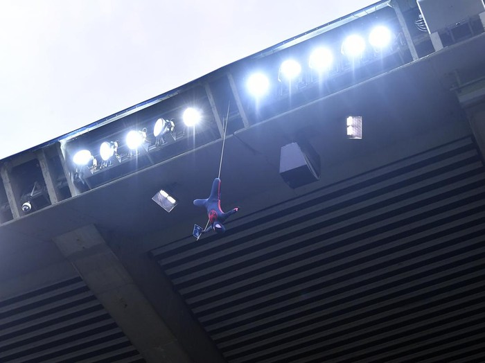 PARIS, FRANCE - MAY 13: Spider Man makes an appearance before the Ligue 1 match between Paris Saint-Germain and AC Ajaccio at Parc des Princes on May 13, 2023 in Paris, France. (Photo by Aurelien Meunier - PSG/PSG via Getty Images)