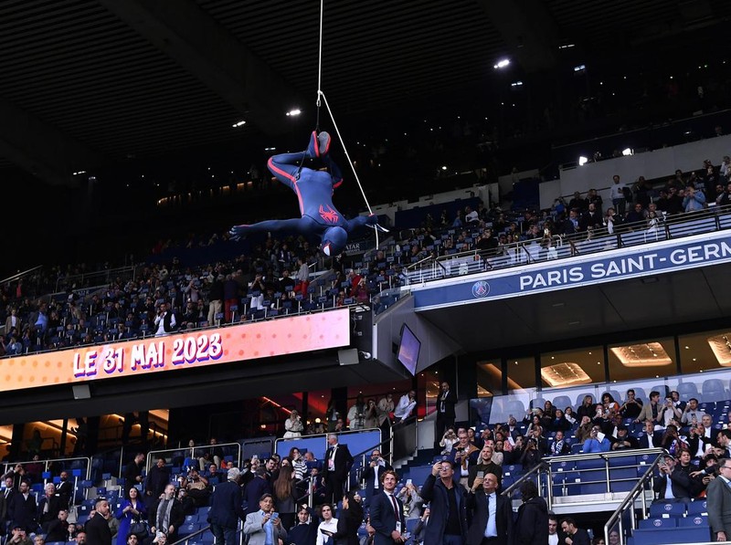 PARIS, FRANCE - MAY 13: Spider Man makes an appearance before the Ligue 1 match between Paris Saint-Germain and AC Ajaccio at Parc des Princes on May 13, 2023 in Paris, France. (Photo by Aurelien Meunier - PSG/PSG via Getty Images)
