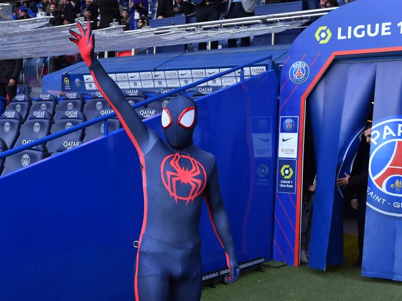 PARIS, FRANCE - MAY 13: Spider Man makes an appearance before the Ligue 1 match between Paris Saint-Germain and AC Ajaccio at Parc des Princes on May 13, 2023 in Paris, France. (Photo by Aurelien Meunier - PSG/PSG via Getty Images)