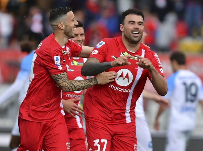 Monza's Andrea Petagna celebrates scoring his side's second goal during the Serie A soccer match between Monza and Napoli at the U-Power stadium in Monza, Italy, Sunday, May 14, 2023. (Claudio Grassi/LaPresse via AP)