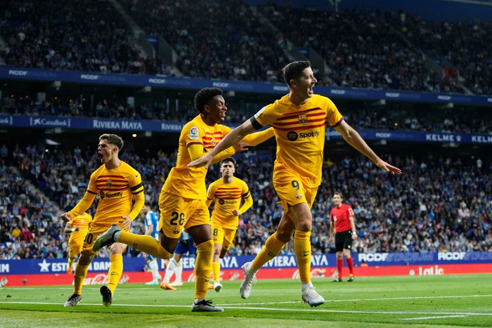 Robert Lewandowski centre-forward of Barcelona and Poland celebrates after scoring his sides first goal during the LaLiga Santander match between RCD Espanyol and FC Barcelona at RCDE Stadium on May 14, 2023 in Barcelona, Spain. (Photo by Jose Breton/Pics Action/NurPhoto via Getty Images)