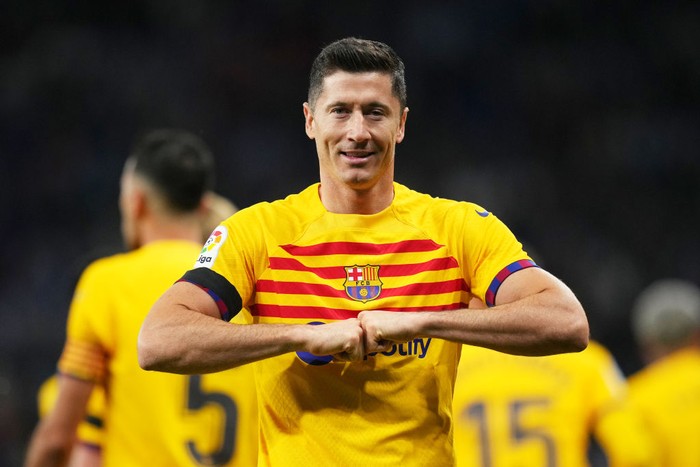 BARCELONA, SPAIN - MAY 14: Robert Lewandowski of FC Barcelona celebrates after scoring the teams first goal during the LaLiga Santander match between RCD Espanyol and FC Barcelona at RCDE Stadium on May 14, 2023 in Barcelona, Spain. (Photo by Alex Caparros/Getty Images)
