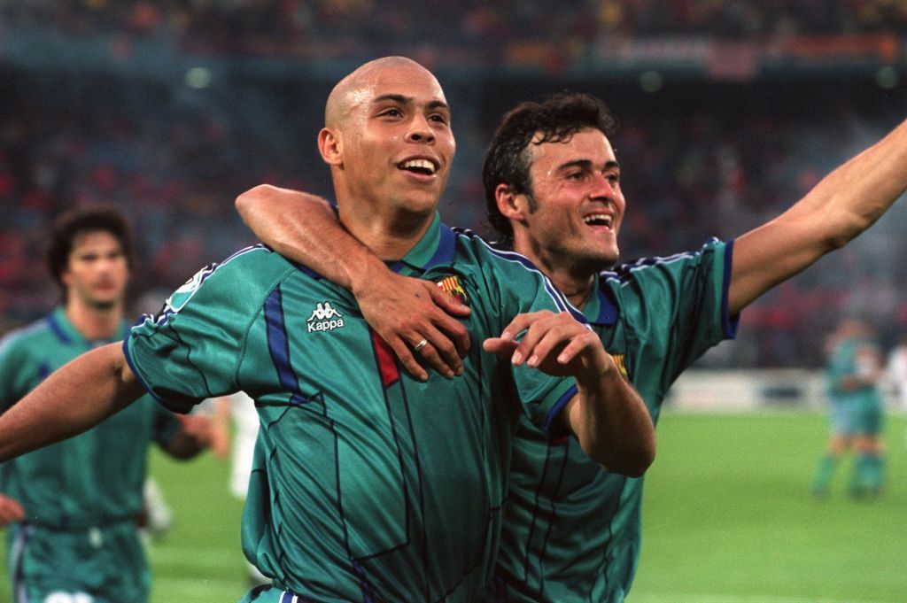 Ronaldo and Luis Enrique, Barcelona celebrate taking the lead over Paris Saint-Germain  (Photo by Matthew Ashton/EMPICS via Getty Images)
