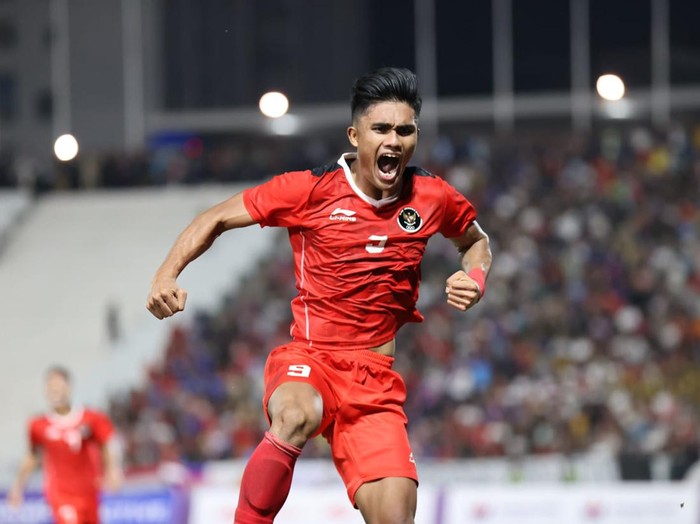 Perayaan gol pemain Timnas Indonesia U-22, Muhammad Ramadhan Sananta, melawan Thailand di final SEA Games 2023.
