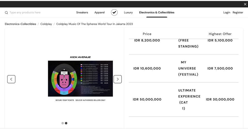 Tiket Coldplay dijual di marketplace tidak resmi hingga Rp50-60 juta.