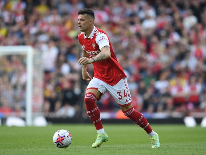 Granit Xhaka LONDON, ENGLAND - MAY 14: Granit Xhaka of Arsenal during the Premier League match between Arsenal FC and Brighton & Hove Albion at Emirates Stadium on May 14, 2023 in London, England. (Photo by Stuart MacFarlane/Arsenal FC via Getty Images)