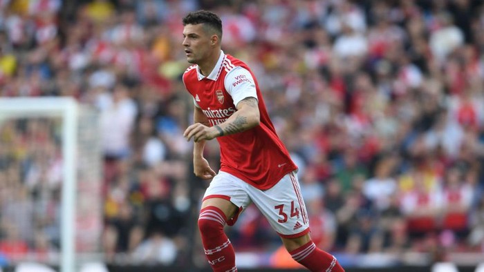 LONDON, ENGLAND - MAY 14: Granit Xhaka of Arsenal during the Premier League match between Arsenal FC and Brighton & Hove Albion at Emirates Stadium on May 14, 2023 in London, England. (Photo by Stuart MacFarlane/Arsenal FC via Getty Images)