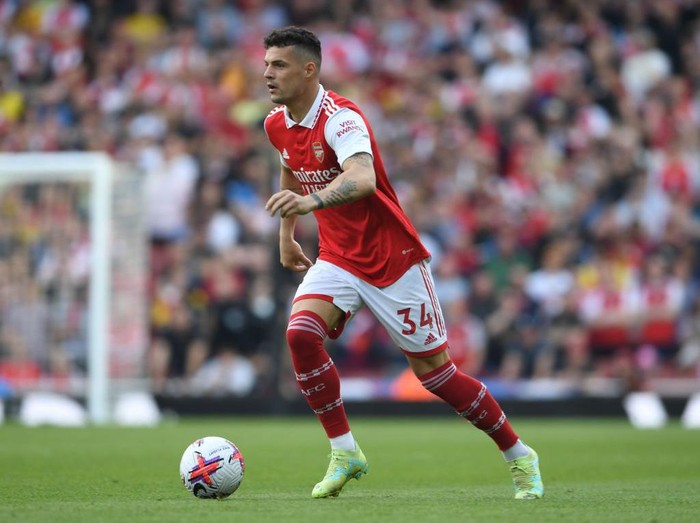 LONDON, ENGLAND - MAY 14: Granit Xhaka of Arsenal during the Premier League match between Arsenal FC and Brighton & Hove Albion at Emirates Stadium on May 14, 2023 in London, England. (Photo by Stuart MacFarlane/Arsenal FC via Getty Images)