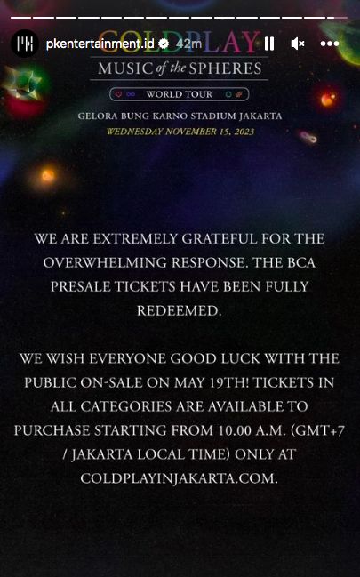 Tiket presale konser Coldplay di Jakarta sold out pada Rabu (17/5).