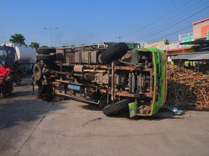 Truk Tebu Terguling di Pantura dan Bikin Macet