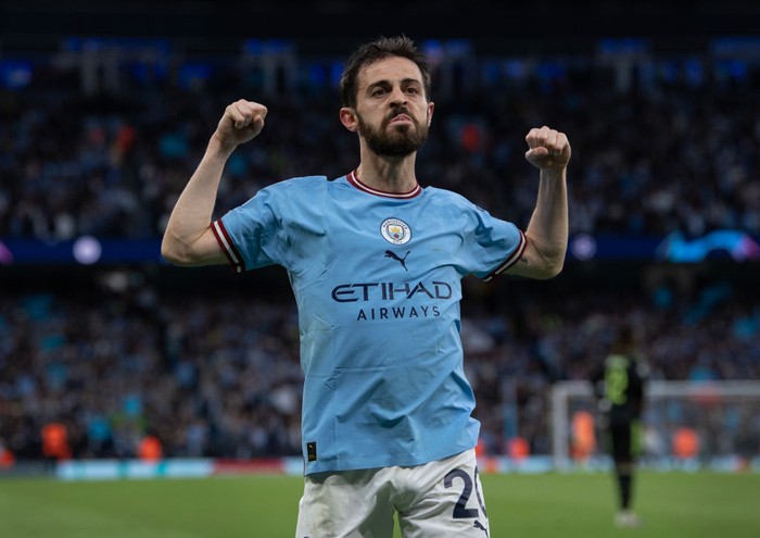 MANCHESTER, ENGLAND - MAY 17: Bernardo Silva of Manchester City celebrates scoring the second goal during the UEFA Champions League semi-final second leg match between Manchester City FC and Real Madrid at Etihad Stadium on May 17, 2023 in Manchester, United Kingdom. (Photo by Visionhaus/Getty Images)