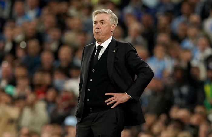 Real Madrid manager Carlo Ancelotti (left) on the touchline during the UEFA Champions League semi-final second leg match at Etihad Stadium, Manchester. Picture date: Wednesday May 17, 2023. (Photo by Martin Rickett/PA Images via Getty Images)