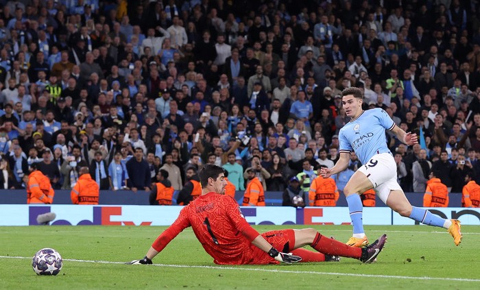 Manchester City MANCHESTER, ENGLAND - MAY 17: Manuel Akanji celebrates with Erling Haaland of Manchester City after scoring the team's third goal during the UEFA Champions League semi-final second leg match between Manchester City FC and Real Madrid at Etihad Stadium on May 17, 2023 in Manchester, England. (Photo by Michael Regan/Getty Images)