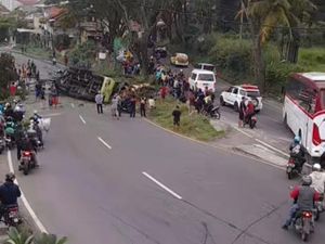 Rem Blong, Truk Tabrak Pohon hingga Terguling di Nagreg Rem Blong, Truk Tabrak Pohon hingga Terguling di Nagreg