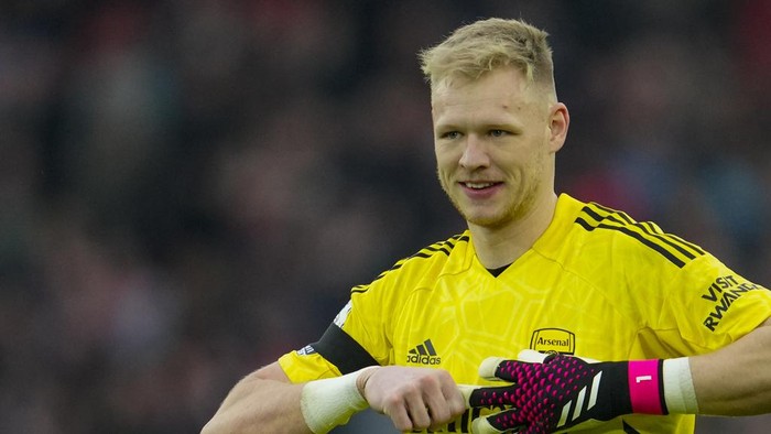 Aaron Ramsdale Arsenals goalkeeper Aaron Ramsdale smiles at the end of the English Premier League soccer match between Liverpool and Arsenal at Anfield in Liverpool, England, Sunday, April 9, 2023. (AP Photo/Jon Super)