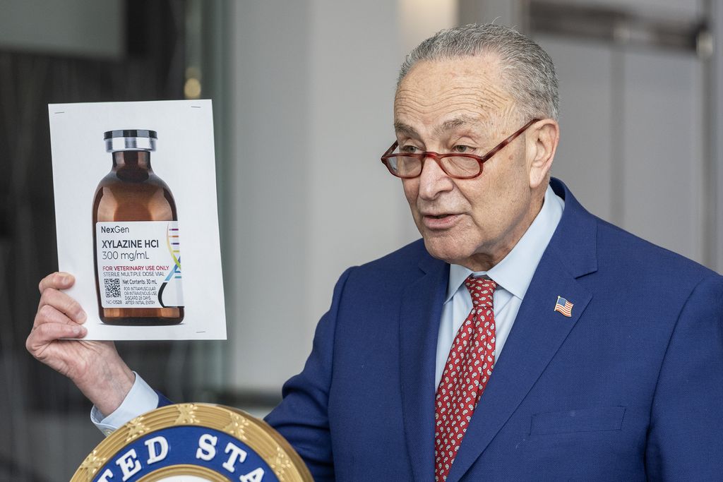 NEW YORK, UNITED STATES - 2023/03/26: U. S. Senator Charles Schumer speaks while holding photo of bottle with drug Xylazine and mentions letter issued by Drug Enforcement Administration (DEA) alerting of threat as fentanyl is mixed with Xylazine during the briefing at 875 3rd Avenue lobby in Manhattan on drug Xylazine linked to overdose deaths. (Photo by Lev Radin/Pacific Press/LightRocket via Getty Images)
