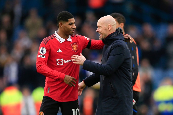 LEEDS, ENGLAND - FEBRUARY 12: Manchester United manager Erik ten Hag celebrates victory with Marcus Rashford of Manchester United during the Premier League match between Leeds United and Manchester United at Elland Road on February 12, 2023 in Leeds, United Kingdom. (Photo by Daniel Chesterton/Offside/Offside via Getty Images)