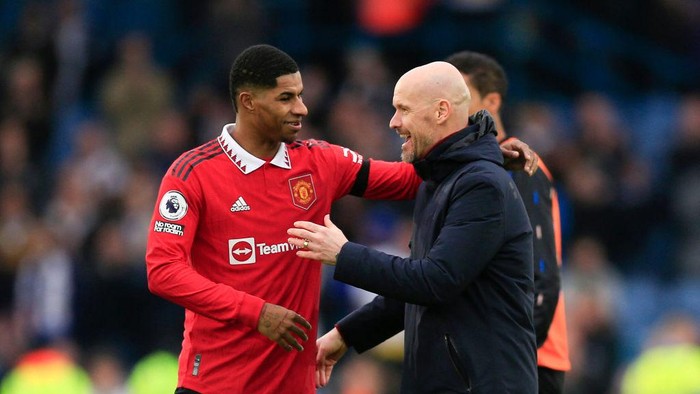 LEEDS, ENGLAND - FEBRUARY 12: Manchester United manager Erik ten Hag celebrates victory with Marcus Rashford of Manchester United during the Premier League match between Leeds United and Manchester United at Elland Road on February 12, 2023 in Leeds, United Kingdom. (Photo by Daniel Chesterton/Offside/Offside via Getty Images)