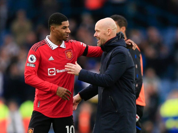 LEEDS, ENGLAND - FEBRUARY 12: Manchester United manager Erik ten Hag celebrates victory with Marcus Rashford of Manchester United during the Premier League match between Leeds United and Manchester United at Elland Road on February 12, 2023 in Leeds, United Kingdom. (Photo by Daniel Chesterton/Offside/Offside via Getty Images)