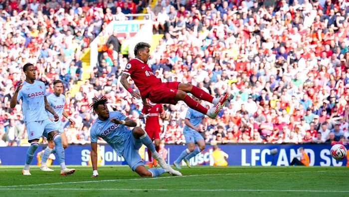 Liverpools Roberto Firmino scores their sides first goal of the game during the Premier League match at Anfield, Liverpool. Picture date: Saturday May 20, 2023. (Photo by Peter Byrne/PA Images via Getty Images)