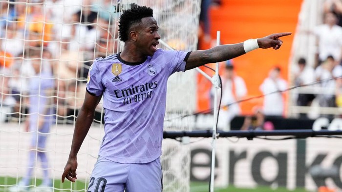 Vinicius Junior left winger of Real Madrid and Brazil accuses a fan of making racist insults during the LaLiga Santander match between Valencia CF and Real Madrid CF at Estadio Mestalla on May 21, 2023 in Valencia, Spain. (Photo by Jose Breton/Pics Action/NurPhoto via Getty Images)