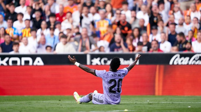 VALENCIA, SPAIN - MAY 21: Vinicius Junior of Real Madrid reacts during the LaLiga Santander match between Valencia CF and Real Madrid CF at Estadio Mestalla on May 21, 2023 in Valencia, Spain. (Photo by Mateo Villalba/Quality Sport Images/Getty Images)