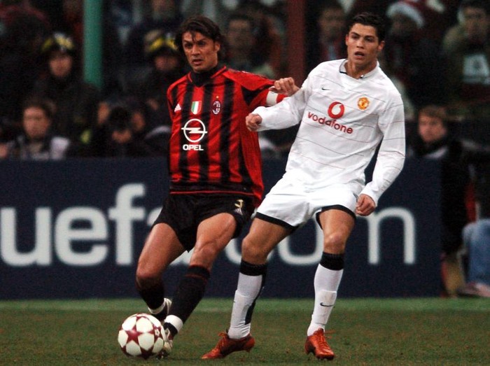AC Milans Paolo Maldini (l) and Manchester Uniteds Cristiano Ronaldo battle for the ball  (Photo by John Walton - PA Images via Getty Images)