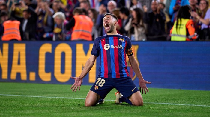 BARCELONA, SPAIN - MAY 02: Jordi Alba of FC Barcelona celebrates after scoring his team's first goal during the LaLiga Santander match between FC Barcelona and CA Osasuna at Spotify Camp Nou on May 02, 2023 in Barcelona, Spain. (Photo by Alex Caparros/Getty Images)