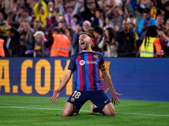 BARCELONA, SPAIN - MAY 02: Jordi Alba of FC Barcelona celebrates after scoring his team's first goal during the LaLiga Santander match between FC Barcelona and CA Osasuna at Spotify Camp Nou on May 02, 2023 in Barcelona, Spain. (Photo by Alex Caparros/Getty Images)