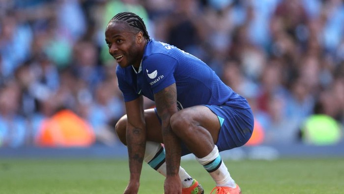 MANCHESTER, ENGLAND - MAY 21: Raheem Sterling of Chelsea reacts during the Premier League match between Manchester City and Chelsea FC at Etihad Stadium on May 21, 2023 in Manchester, England. (Photo by Catherine Ivill/Getty Images)
