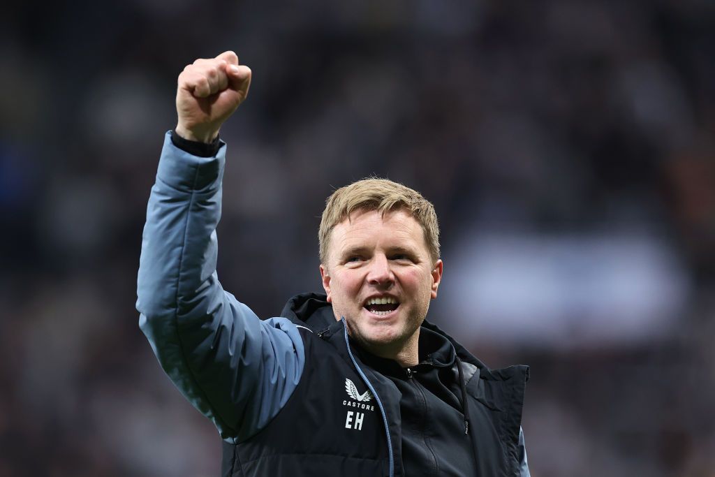 NEWCASTLE UPON TYNE, ENGLAND - MAY 22: Eddie Howe, Manager of Newcastle United, celebrates after his team qualifies for the UEFA Champions League following the Premier League match between Newcastle United and Leicester City at St. James Park on May 22, 2023 in Newcastle upon Tyne, England. (Photo by Alex Livesey/Getty Images)