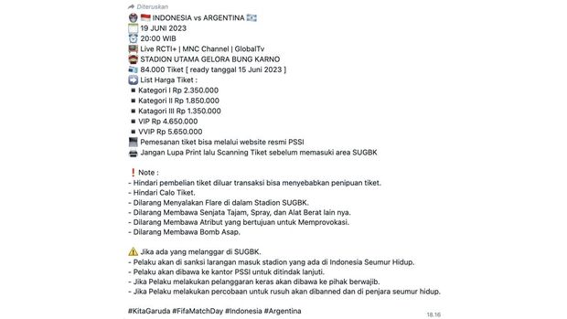 Tiket Timnas Indonesia vs Argentina