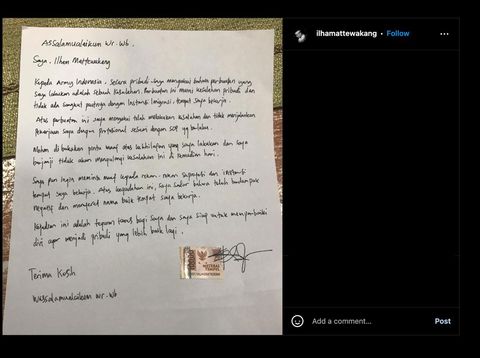 Ilham Mattewakang pada Kamis (25/5) menuliskan surat permintaan maaf karena menyebarkan foto Suga BTS di Bandara Soekarno Hatta.