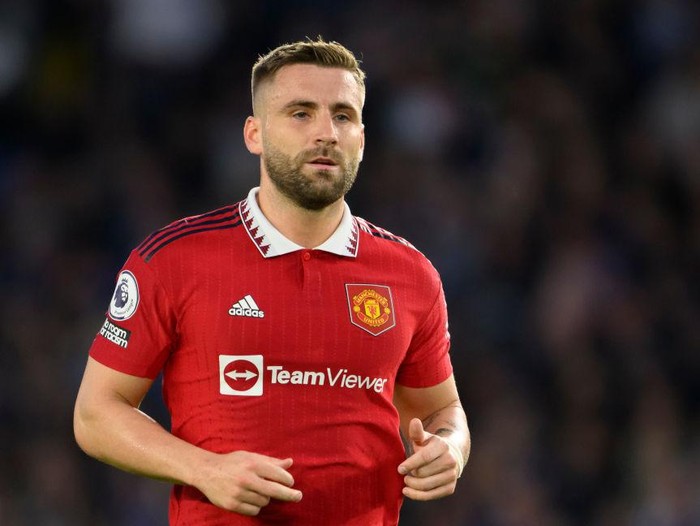 BRIGHTON, ENGLAND - MAY 04: Manchester United's Luke Shaw during the Premier League match between Brighton & Hove Albion and Manchester United at American Express Community Stadium on May 4, 2023 in Brighton, United Kingdom. (Photo by David Horton - CameraSport via Getty Images)