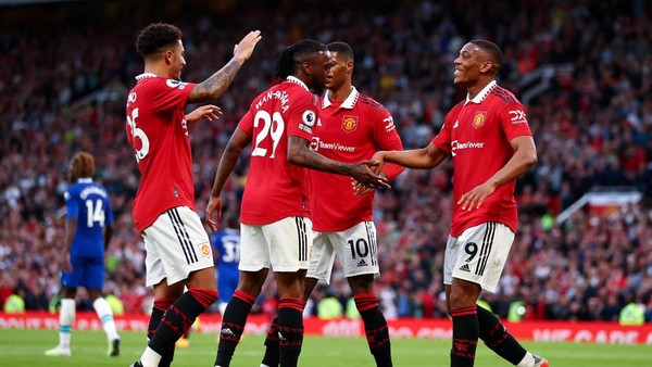 Manchester United MANCHESTER, ENGLAND - MAY 25: Anthony Martial of Manchester United celebrates with Jadon Sancho, Aaron Wan-Bissaka and Marcus Rashford after scoring the teams second goal during the Premier League match between Manchester United and Chelsea FC at Old Trafford on May 25, 2023 in Manchester, England. (Photo by Naomi Baker/Getty Images)