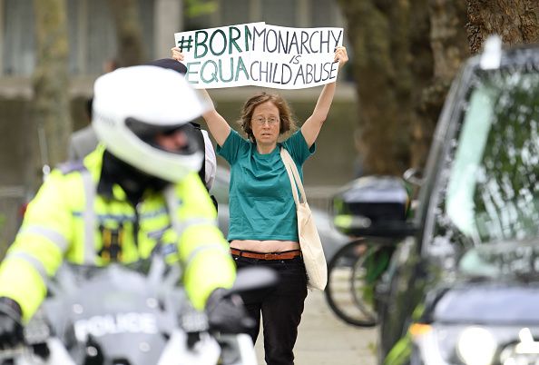 LONDON, ENGLAND - MAY 25: A protester during the visit of Catherine, Princess of Wales at the The Foundling Museum on May 25, 2023 in London, England. The Princess of Wales is carrying out engagements in London to highlight the effects of nurturing relationships in early childhood. (Photo by Karwai Tang/WireImage)
