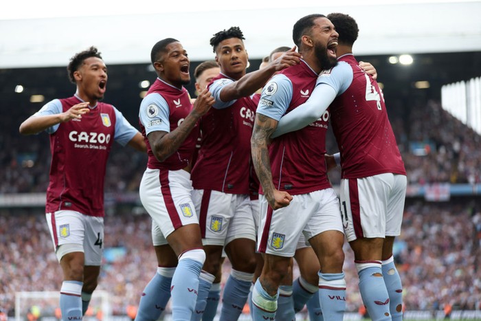 Aston Villa BIRMINGHAM, ENGLAND - MAY 28: Douglas Luiz of Aston Villa celebrates scoring for Aston Villa during the Premier League match between Aston Villa and Brighton & Hove Albion at Villa Park on May 28, 2023 in Birmingham, England. (Photo by Neville Williams/Aston Villa FC via Getty Images)