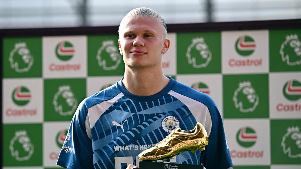 Erling Haaland memenangi Sepatu Emas Liga Inggris 2022/2023 setelah mencetak 36 gol. (Foto: REUTERS/DYLAN MARTINEZ)