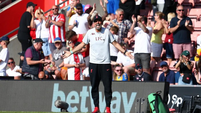 SOUTHAMPTON, ENGLAND - MAY 28: Juergen Klopp, Manager of Liverpool, reacts during the Premier League match between Southampton FC and Liverpool FC at Friends Provident St. Marys Stadium on May 28, 2023 in Southampton, England. (Photo by Charlie Crowhurst/Getty Images)
