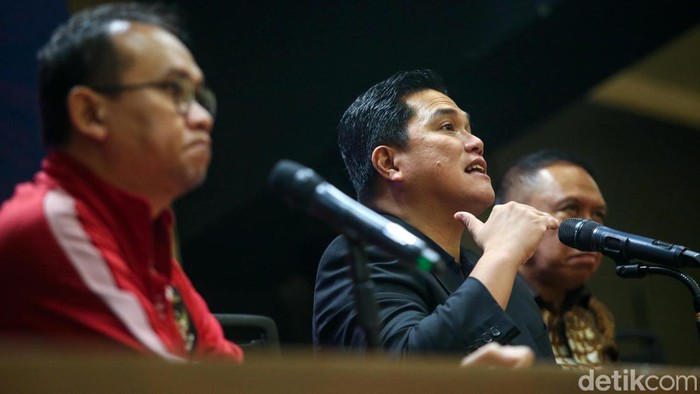 Ketum PSSI Erick Thohir mengumumkan harga tiket  Indonesia vs Argentina di GBK, Jakarta, Senin (29/5/2023). Harganya mulai dari Rp 600 ribu hingga Rp 4 jutaan.