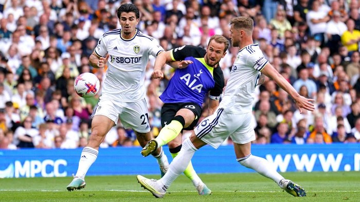 Tottenham Hotspurs Harry Kane attempts a shot on goal during the Premier League match at Elland Road, Leeds. Picture date: Sunday May 28, 2023. (Photo by Tim Goode/PA Images via Getty Images)