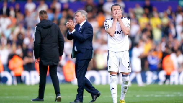 Leeds United's Luke Ayling appears dejected after being relegated to the Sky Bet Championship at the end of the Premier League match at Elland Road, Leeds. Picture date: Sunday May 28, 2023. (Photo by Tim Goode/PA Images via Getty Images)