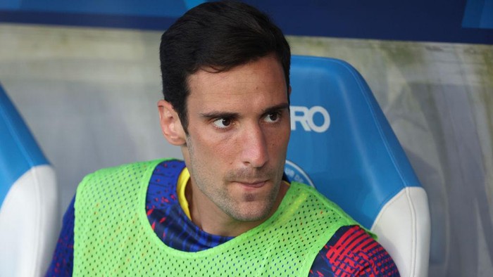 STRASBOURG, FRANCE - MAY 27: PSG goalkeeper Sergio Rico on the bench during the Ligue 1 Uber Eats match between RC Strasbourg (RCSA) and Paris Saint-Germain (PSG, Paris SG) at Stade de la Meinau on May 27, 2023 in Strasbourg, France. (Photo by Jean Catuffe/Getty Images)