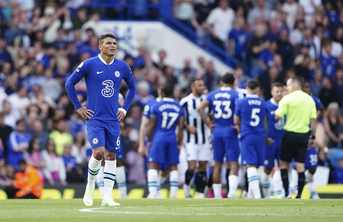 Chelseas Thiago Silva looks dejected, during the English Premier League soccer match between Chelsea and Newcastle United, at Stamford Bridge, London, Sunday May 28, 2023. (Zac Goodwin/PA via AP)