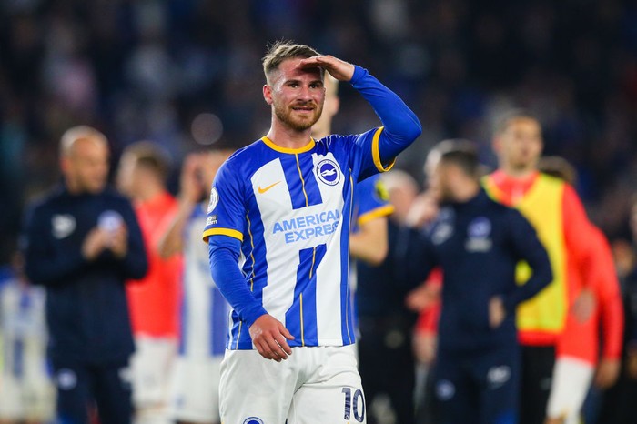 BRIGHTON, ENGLAND - MAY 24:  Alexis Mac Allister of Brighton & Hove Albion looks in the crowd after the Premier League match between Brighton & Hove Albion and Manchester City at American Express Community Stadium on May 24, 2023 in Brighton, England. (Photo by Craig Mercer/MB Media/Getty Images)
